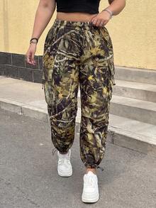 POPSWAY Plus Size Casual Camouflage Print Multi-Pocket Drawstring Cargo Pants - Multicolor - View 5