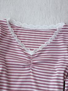 Tween Girl Tween Girls Striped Ruched Chest Long Sleeve Lace Trim - Pink - View 4