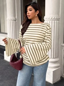 Easura Women's Autumn/Winter Wide Collar Flared Sleeve Pleated Ribbed Ribbed Top - Multicolor - View 3