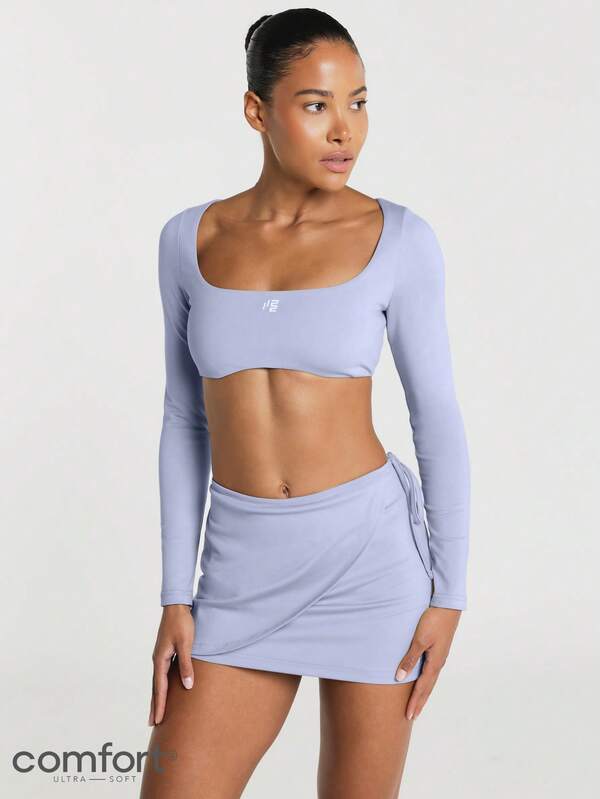 11SKNDS Long Sleeve Square Neck Crop Top With Open Back Detail, Ultra Soft Fabric, Fitted Cut, Ideal For Casual Outings And Summer Layering
