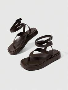 HighSole 女款春夏新款可調節綁帶設計夾腳露趾厚底棕色涼鞋，柔軟舒適，適合通勤與購物 - 咖啡棕 - 查看 6