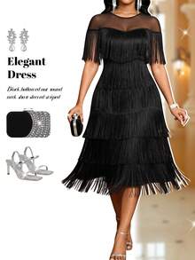 Fleurora Plus Size Mesh Patchwork Multi-Layer Tassel Dress - Black - View 1