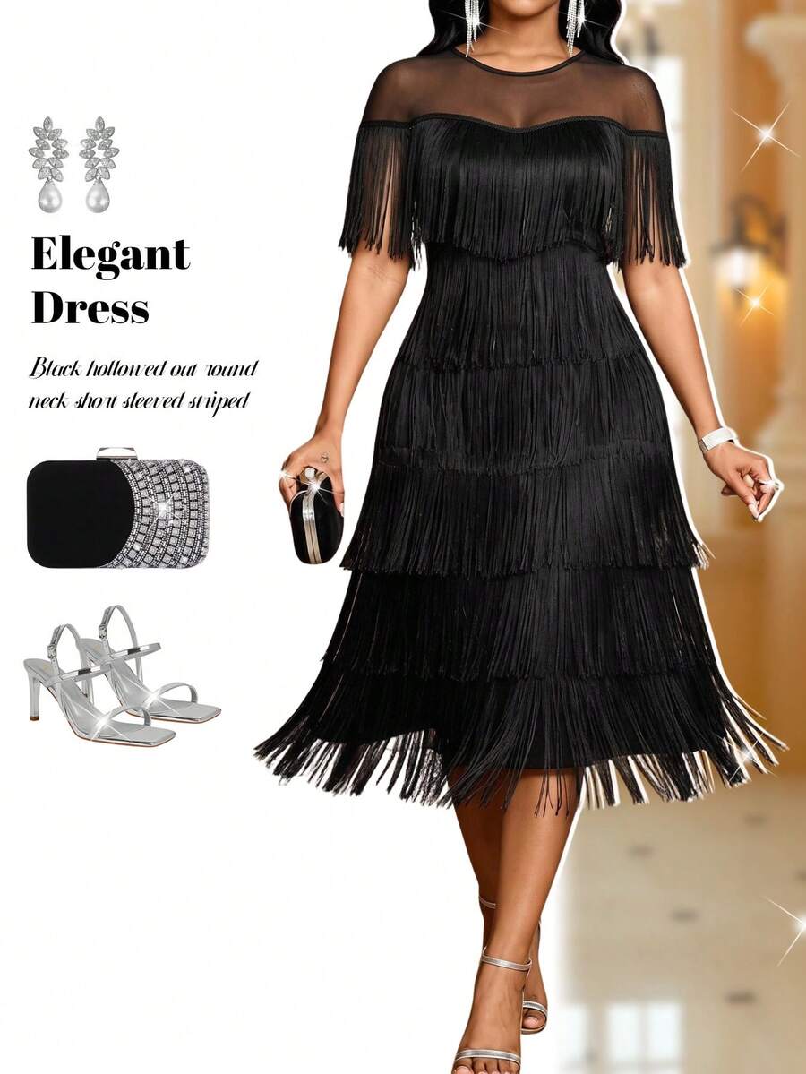 Fleurora Plus Size Mesh Patchwork Multi-Layer Tassel Dress - Black - View 1