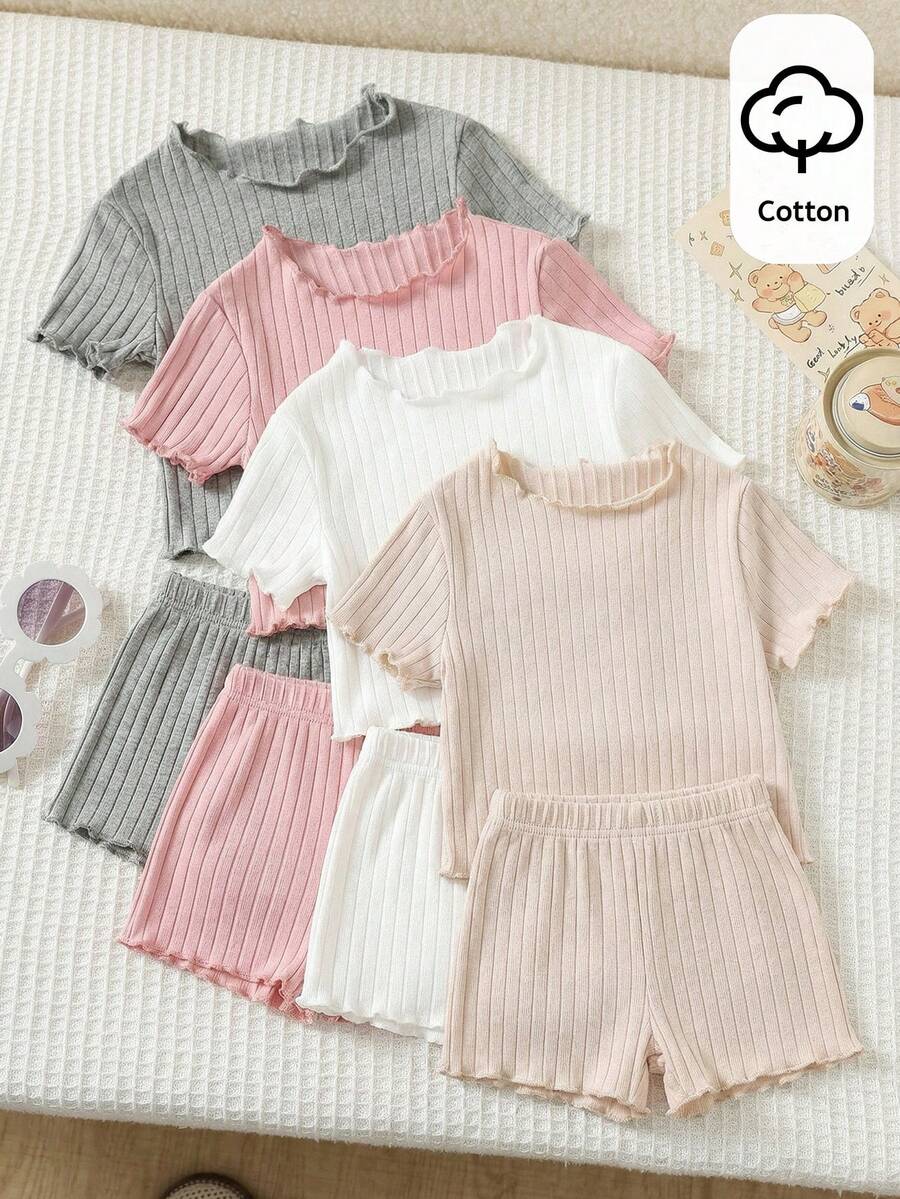 SHEIN 女童夏季可愛羅紋素色荷葉邊短袖上衣 夏日上衣