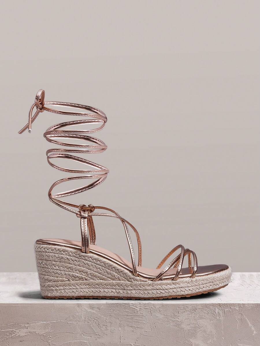 Styleloop Women Shoes Champagne Colorful Hollow Straw Strap Heel Platform Sandals, Bohemian Vacation Style, A Must For Summer Travel - Champagne - View 1