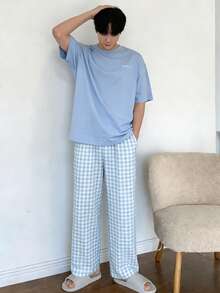 DAZY Men's Summer Letter Print T-Shirt And Plaid Pants Pajama Set - Baby Blue - View 3