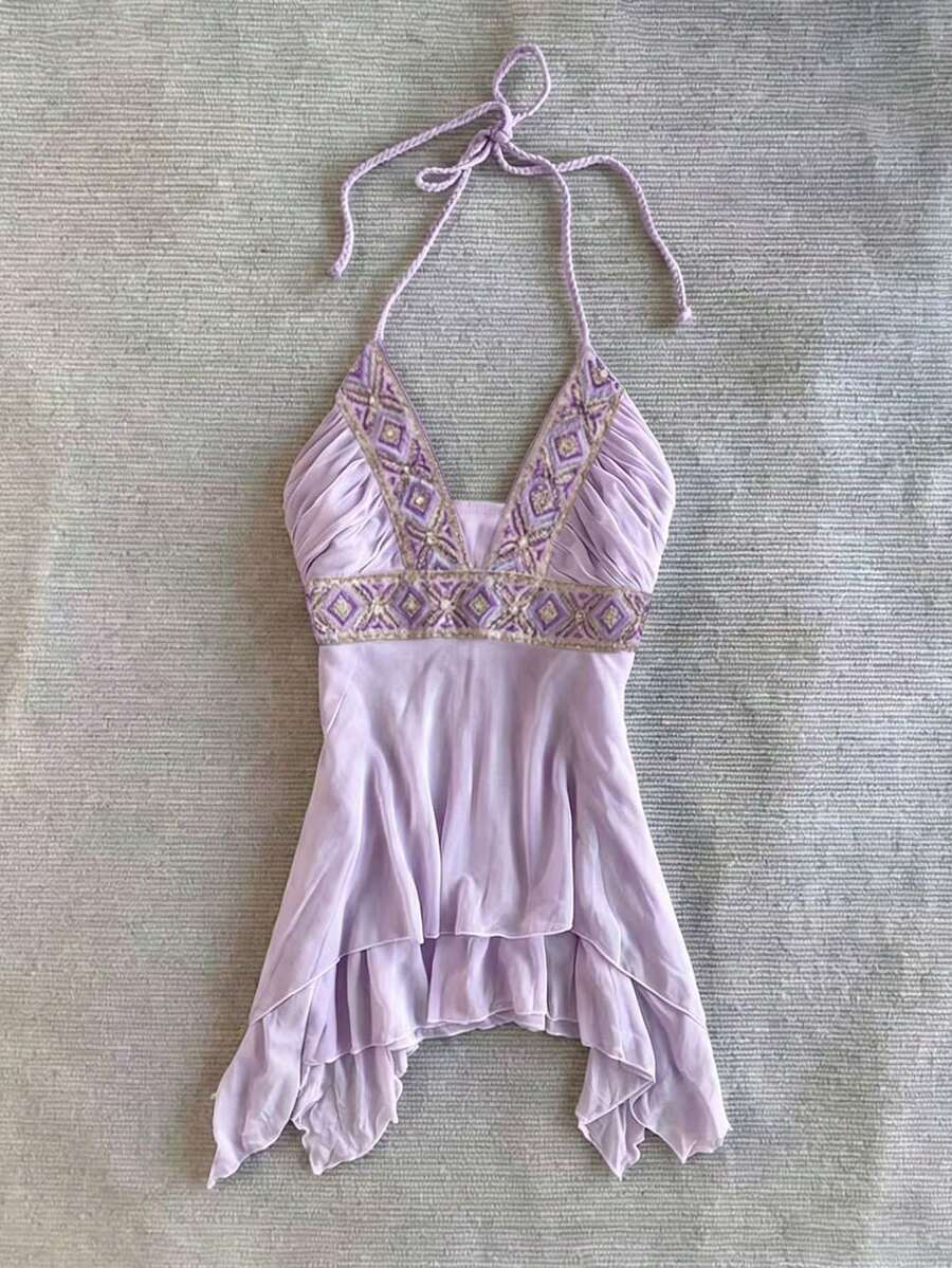 IslaSuriya 女士菱形印花褶皱优雅吊带上衣 - 紫色 - 查看 1