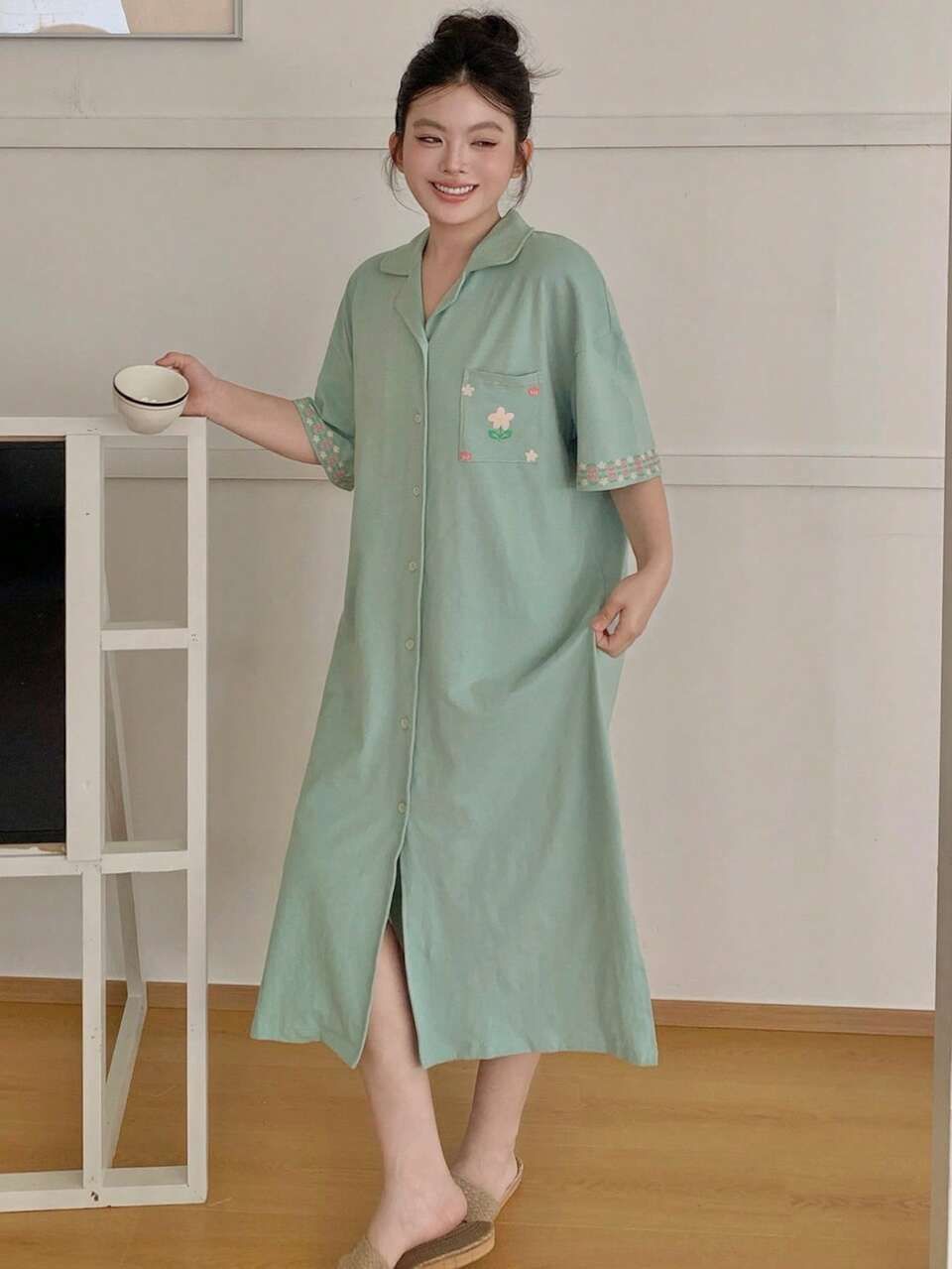 Dazy Plus Floral Print Shirt Style Short Sleeve Maxi Dress Nightgown Plus Size Women Spring Summer Cute Loungewear Dress
