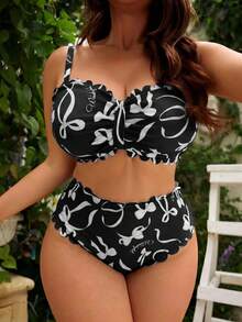 Swim Mod 2026 New Summer Beach Vacation Cute Ruffle Pink Bow Pattern Bandeau & Shoulder Strap 2-In-1 Plus Size Swimsuit Set - Black and White - View 1