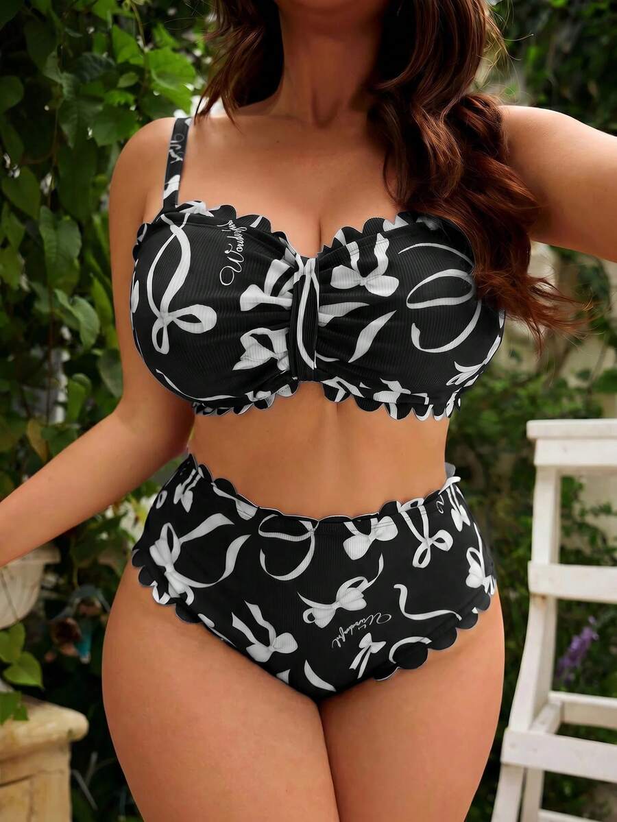 Swim Mod 2026 New Summer Beach Vacation Cute Ruffle Pink Bow Pattern Bandeau & Shoulder Strap 2-In-1 Plus Size Swimsuit Set - Black and White - View 1