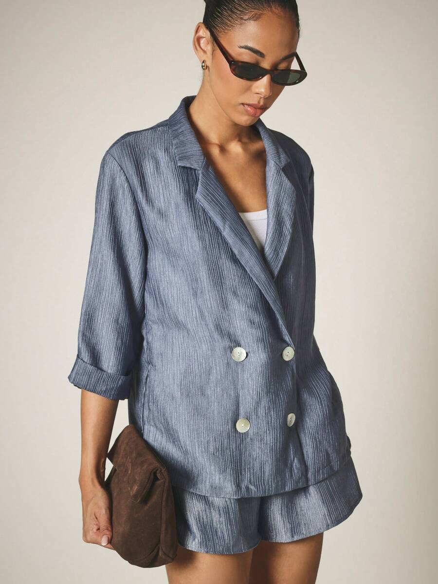 KSTM Textured Double Breasted Lightweight Blazer With Notch Lapel And Three Quarter Sleeves For Smart Casual Occasions - Blue - View 1