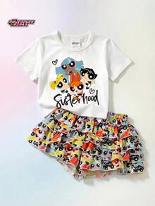 THE POWERPUFF GIRLS X SHEIN Maija Kids 女童圖案針織軟綿圓領短袖套頭T恤與鬆緊腰分層裙褲兩件套 - 彩色 - 查看 1