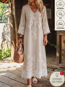 Elouméa Women's Spring/Summer French Casual Solid Color V-Neck Faux Lace Print Patchwork Lace Trim Loose Mid-Sleeve Dress, Suitable For Daily Wear And Home - Apricot - View 1