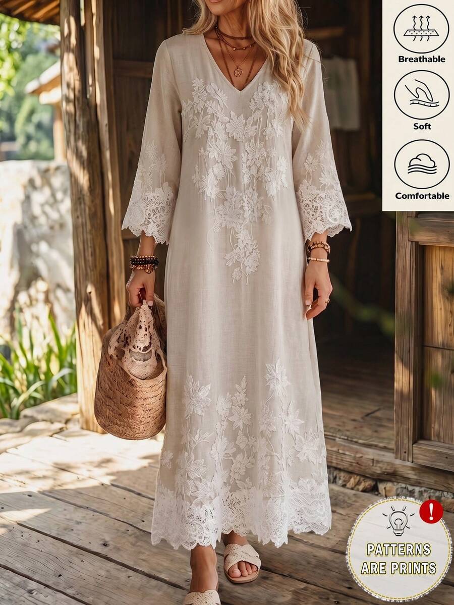 Elouméa Women's Spring/Summer French Casual Solid Color V-Neck Faux Lace Print Patchwork Lace Trim Loose Mid-Sleeve Dress, Suitable For Daily Wear And Home - Apricot - View 1