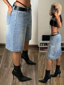 SHEIN Women's Casual Versatile Daily Denim Shorts With Pockets, Buttons And Letter Pattern - Blue - View 7