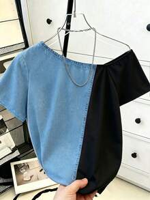Weeklong Apricot Base Blue Print Asymmetric Shoulder Short Sleeve Spring Summer Vacation Plus Size Blouse - Multicolor - View 4