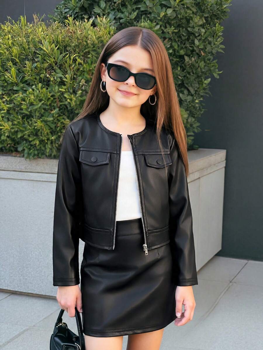SHEIN Young Girl Young Girl Young Girl Black Long Sleeve Jacket And Bodycon Mini Skirt Set Fall Winter - Black - View 1