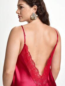 Slumbrini Plus Size Women Lace Deep V-Neck Backless Sexy Bodycon Cami Slip Dress Red - Burgundy - View 3