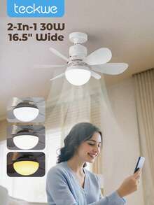 Teckwe 附燈遙控吸頂風扇，30W 可調光，靜音 LED 吸頂風扇，E27 燈座，適用臥室、客廳，6 片葉片，3 段風速，定時功能，室內外通用 - 多色 - 查看 2