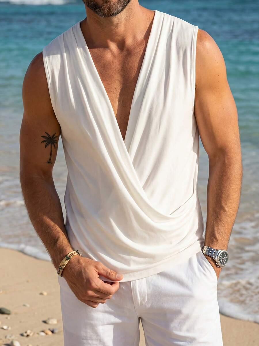 VENTUSAIL 男士大尺碼米色休閒無袖垂領背心,適合夏季度假 - 白色 - 查看 1