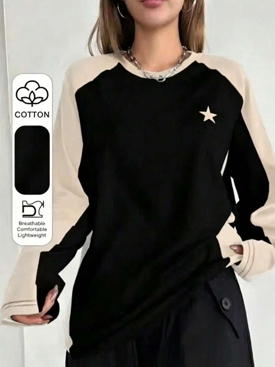 DAZY 拼色插肩袖星星图案 T 恤 Y2k,秋季服装长袖女式上衣 - 黑色 - 查看 1