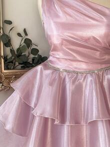 Lovelzi Luxury Plus Size Elegant Pink Shiny Satin Asymmetric Neck Ruched Rhinestone Chain Cinched Waist Three-Layer Tiered Skirt Party Short Prom Dress - Pink - View 5