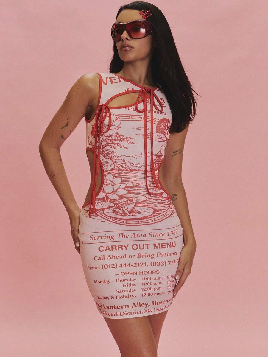 MUSERA Contrast Colour Mesh Printed Cut Out Tie Mini Dress Summer ...