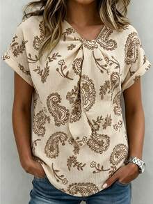 SHEIN Women's Summer Shirt, June Festival, Outdoor Outfit Top, Beach Brunch Vacation, Holiday, Wave Wrinkle Pelis Pattern Print, Beige, Bowknot - Apricot - View 4