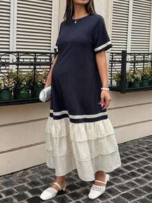 DAZY Vestido largo de maternidad casual holgado de manga corta con cuello redondo pequeño y patchwork de bloques de color para primavera y verano - Azul Marino - Ver 5