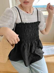 Dazy Plus Contrast Color Patchwork Shirred Fitted Casual Pullover Doll Blouse Short Sleeve Spring Summer Shirt For Girls - Black - View 2