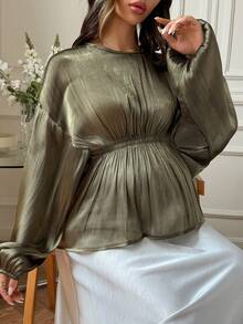 DAZY Chiffon Blouse Solid Color Shawl Design Asymmetrical Hem Elegant Commute Ruffle Waist Long Sleeve Maternity Top - Olive Green - View 7
