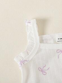 SHEIN Playful Pals 嬰兒夏季吊帶套裝，女嬰蝴蝶結波點荷葉邊無袖上衣與短褲2件套，兒童休閒套裝 - 紫色 - 查看 7