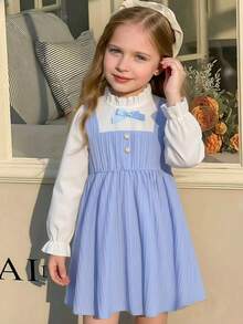 Young Girl Autumn 2 In 1 Dress, Textured Blue And White Patchwork Design, Exquisite Bow + Pearl Button Embellishment, Soft Skin-Friendly Fabric, Gentle Preppy Style High-Quality Children's Clothing - Blue - View 5