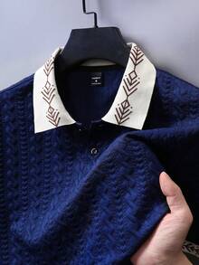 EGENSIO Men's Knitted Jacquard Solid Color Textured Navy Blue & Apricot Reversible Ribbed Collar 2-Button Polo Shirt - Royal Blue - View 3