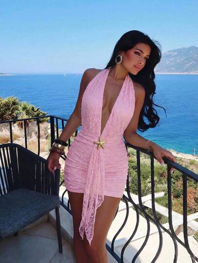 Aloruh Women's Sexy Lace Backless Halter Mini Dress For Summer Vacation Pink