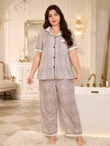 MuseNap CURVE Plus Size Leopard Print Puff Crinkle Lapel Front Open Short Sleeve Pants Pajama Set - Mocha Brown - View 6