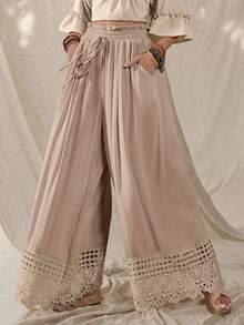 Wildy Boho Sexy Western Country Lace Patchwork Women's Spring/Summer Daily Basic Loose Wide Leg Long Pants With Pockets Beach Beige Light Blue - Khaki - View 4
