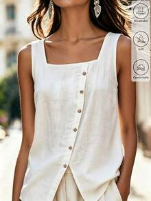 SHEIN Holidaya Women's Summer Casual Vacation White Square Neck Asymmetric Button Slit Textured Sleeveless Tank Top, Single-Breasted Asymmetrical Hem Blouse, Square Neck Asymmetric Button Tank, Slit Hem Shirt, Elegant, Fresh, Fashionable, Romantic, High-End, Urban Street Style, Daily Dating, Afternoon Tea Gathering, Vacation Travel, Romantic Party, Daily, Beach, Women's Elegant Top, Women's Summer Shirt, White Casual Shirt, Versatile, Commute, Meeting, Business Negotiation, Daily Office, Evening Party, Graduation Ceremony, Urban Teacher Professional Attire - White - View 3