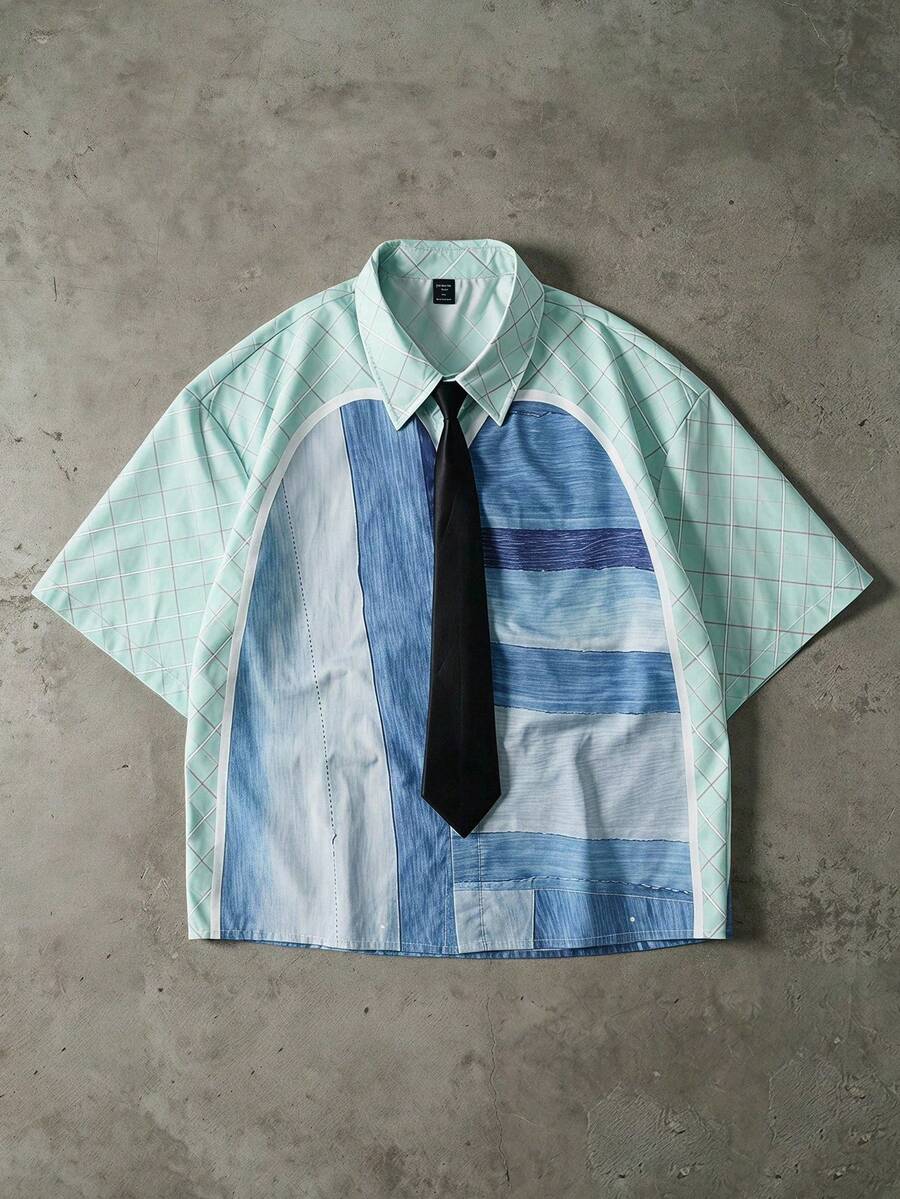 ROMWE MEN Camisa de manga corta holgada con bloques de color y cuadros para hombre con corbata - Multicolor - Ver 1