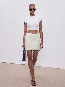 ATUI Studio Women's Elegant Sexy Sequin Tassel Hem Mini Skirt Party White Autumn - White - View 2