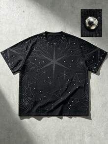 ROMWE MEN 2026 春夏重磅水鑽裝飾男士時尚休閒圓領短袖 T-shirt 上衣，中性情侶款女款短袖上衣 - 黑色 - 查看 6