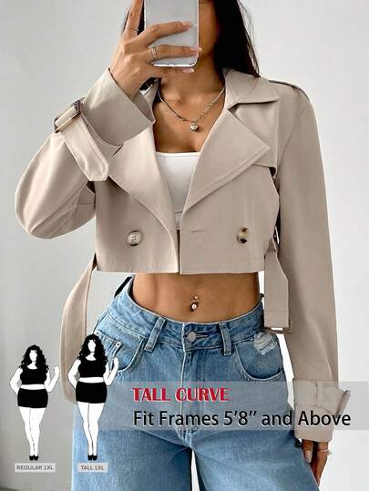 SHEIN Tall CURVE Plus Size Women's Button Cropped Long Sleeve Casual Fashion Trench Coat
