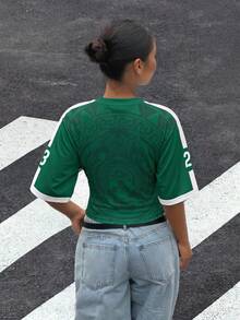 青少年女孩針織墨西哥短版足球球衣，收腰抓皺圓領短袖休閒T恤 - 彩色 - 查看 2