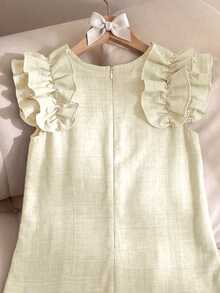 Sparklyn Vestido midi de estilo dulce primaveral para niñas preadolescentes, primavera/verano, playa tropical, con lazo 3D, cuello redondo, sin mangas, volantes y mangas acampanadas - Amarillo - Ver 3