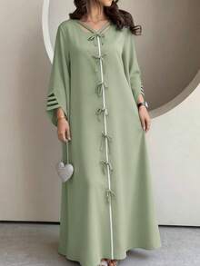 Yasmyna Women's Contrast Color Trim Bow Decor Elegant Long Sleeve Turkish Maxi Dress - Green - View 4