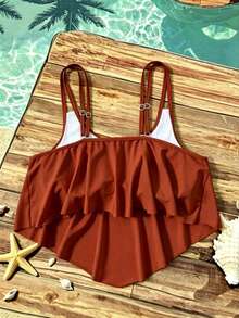 Swim Lushoire Top de traje de baño de talla grande de unicolor para vacaciones en la playa - Naranja - Ver 2