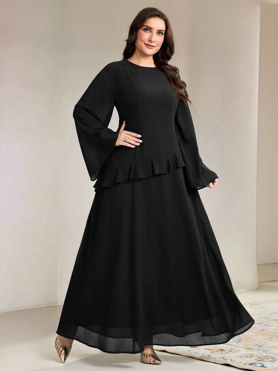 Veilorie Plus Size Women Solid Color Round Neck Flare Sleeve Patchwork Ruffle Hem Elegant Asean Casual Formal Modest Dress Evening Wedding Dinner Black Autumn - Black - View 1
