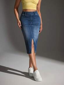 Flexra Women's Fashion Versatile Denim Skirt With Pockets And Front Slit - Dark Wash - View 3