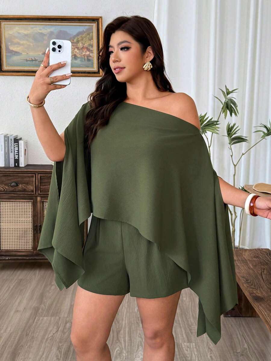 Weeklong Plus Size Women's Asymmetrical Design Top + Shorts 2 Pieces Set - Army Green - View 1