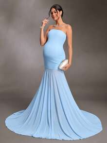 Cheriluna Maternity 女款時尚舒適無肩帶孕婦洋裝 - 淺藍色 - 查看 5
